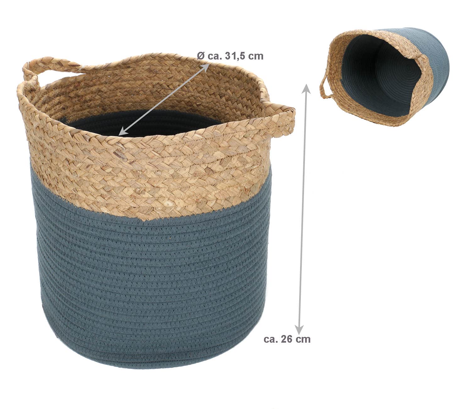 Aufbewahrungskörbe aus geflochtenem Seegras und farbigem Baumwoll-Seil, mit Tragegriffen, 3-er Set Körbe in verschiedenen Größen, (H) ca. 32, 26, 19 cm (Blau)