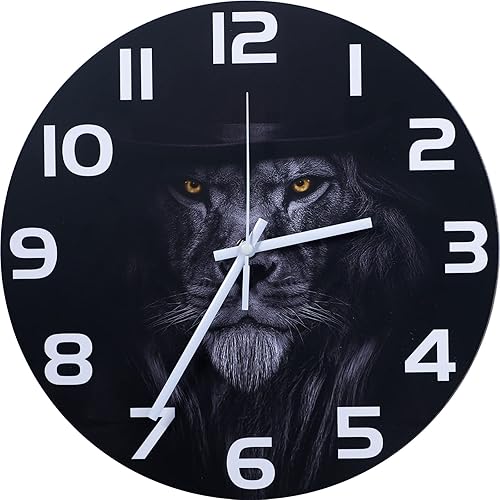 GKCLOCK Lion - Reloj de pared redondo, color negro vintage de 12 pulgadas, silencioso y sin tictac, funciona con pilas, decorativo para sala de