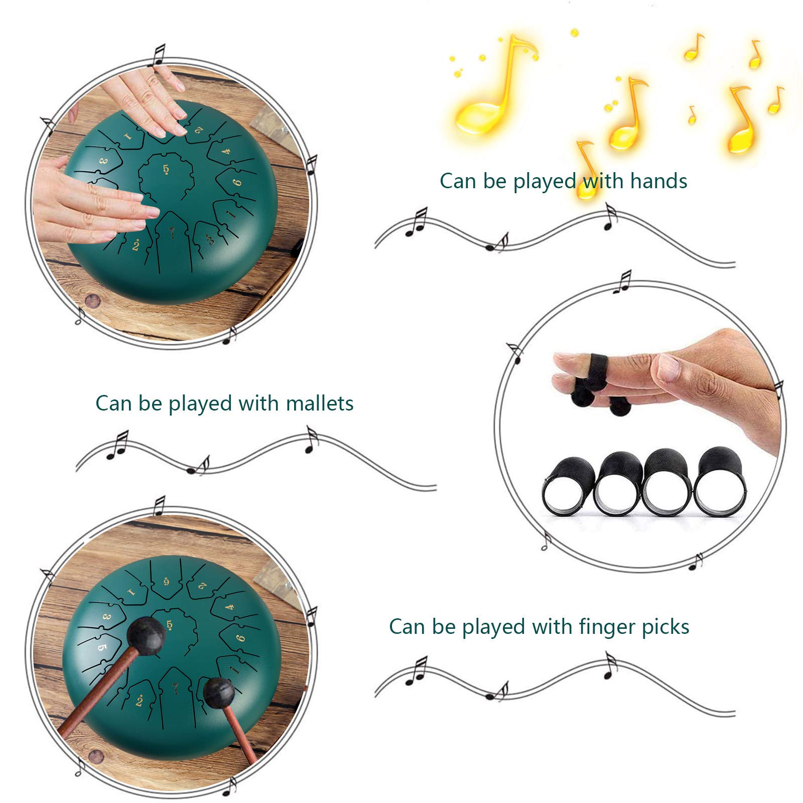 Stalowe bębny językowe Instrumenty, stalowy bęben dla dzieci dorosłych, 13 notatek 12 cali Dia Instrument perkusyjny Handpan Drum z torbą, książka muzyczna, młotki, wspornik młotka