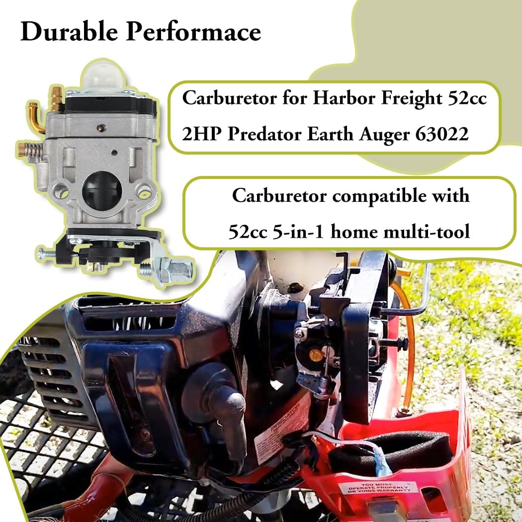 63022 Carburetor for Harbor Freight 52cc 2HP Predator Earth Auger 63022 with Primer Bulbs Spark Plug Gasket Fuel Line Carb Kit, Replace 63022 56257 57341
