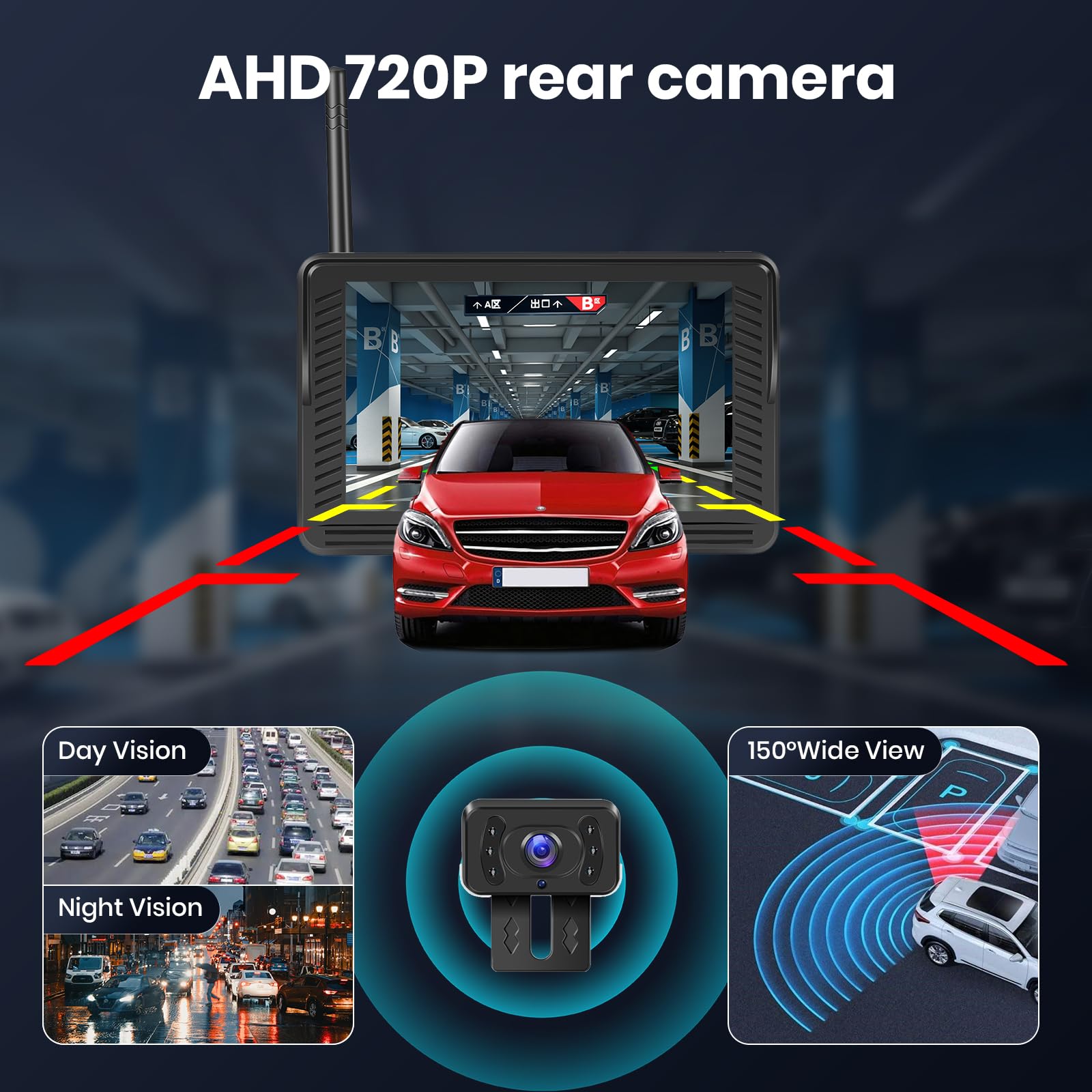 Kit Telecamera Retromarcia Senza Fili con 4,3'' IPS Monitor, Telecamera di Backup Impermeabile IP69 Segnali Digitali Stabili,Visione Notturna con Grandangolare, Telecamera per Auto/RV/Camper