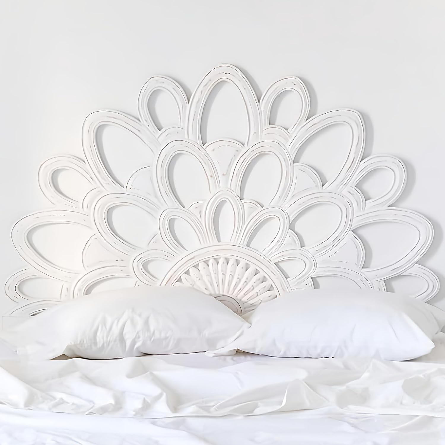 Hand Carved Queen Size Wall Mount Headboard White Half Moon Bed Headboard Bed Decor Bed Head Home Decor (Queen Size - 63x42x1 -inches) | Engineered Wood