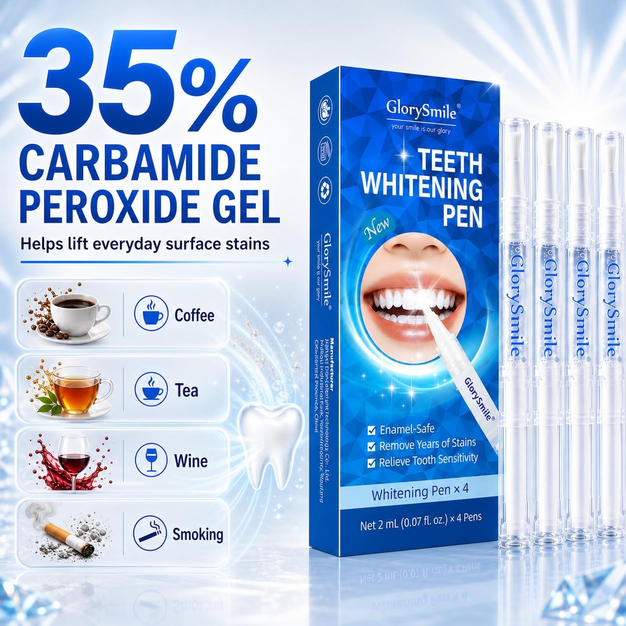 Teeth Whitening Pen, 35% Carbamide Peroxide Whitening Gel with Potassium Nitrate & Sodium Fluoride, Brush-On Tooth Whitener for Coffee, Wine & Smoking Stains, Travel-Friendly, 2mL x 4