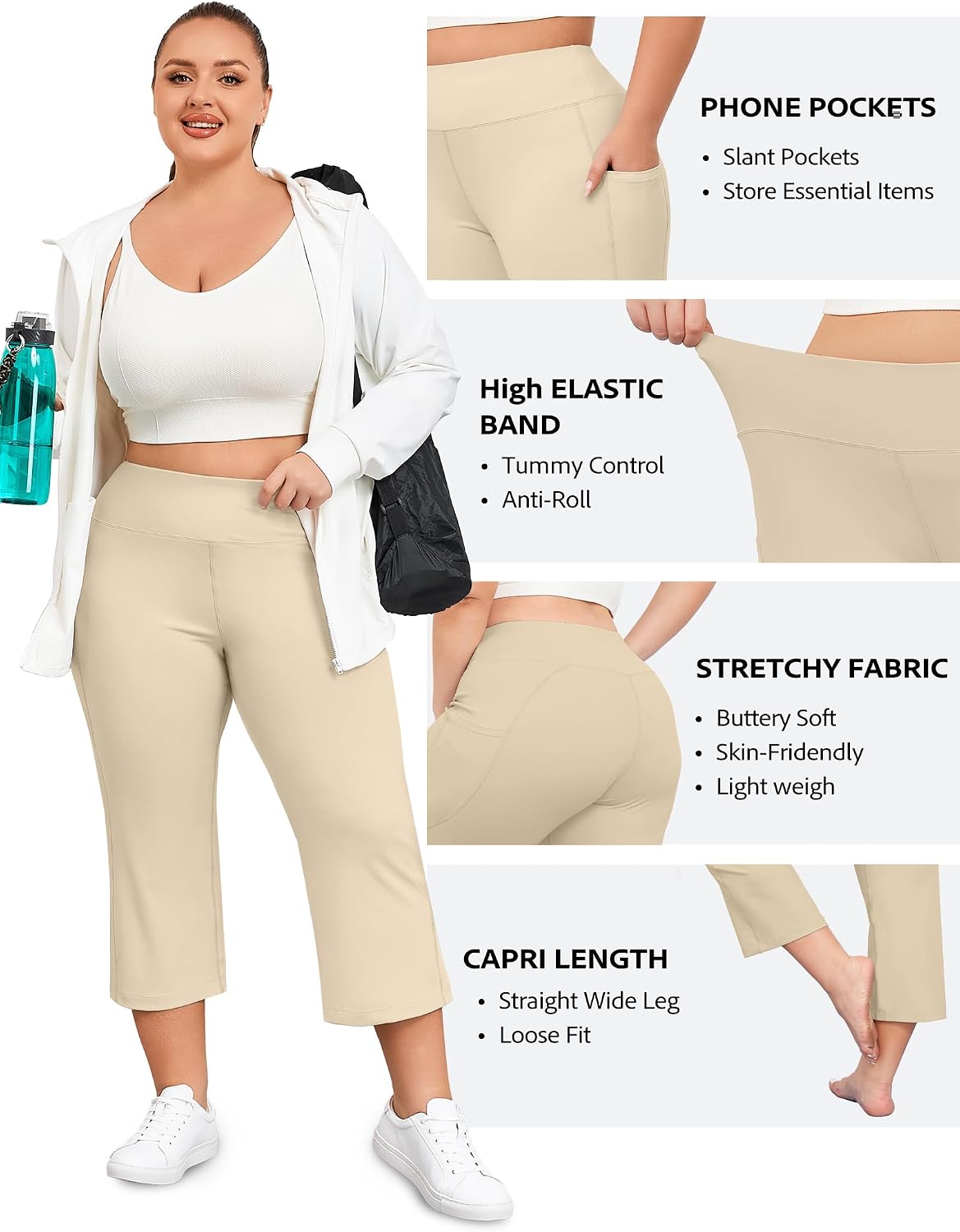 COOTRY Plus Size Capris Pants for Women High Waist Yoga Pants with Pockets Athletic Active Exercise Workout Leggings