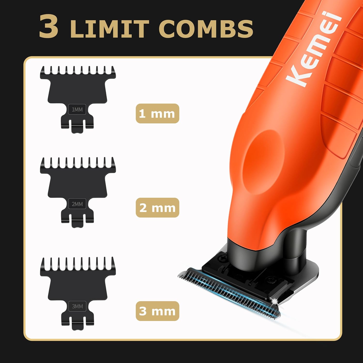 KEMEI 2293 Hair & Beard Trimmer for Men with LED Display, Zero Gapped Trimmers for Barbers, Cordless Hair Clippers with T Blade, Orange - Image 5