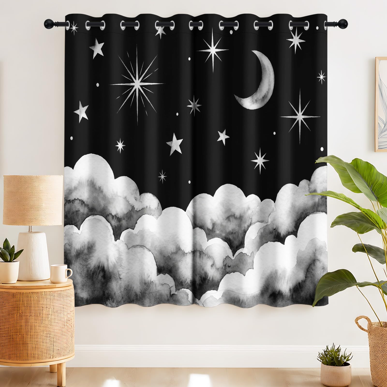 Générique Rideaux Occultant Thermiques & Anti Froid, Rideau à Oeillets Minimalist Watercolour, Hydrofuge Rideau Motif Cloud Night Sky, 135 x 245 CM (LxH) Rideaux Lot de 2 pour Salon Chambree
