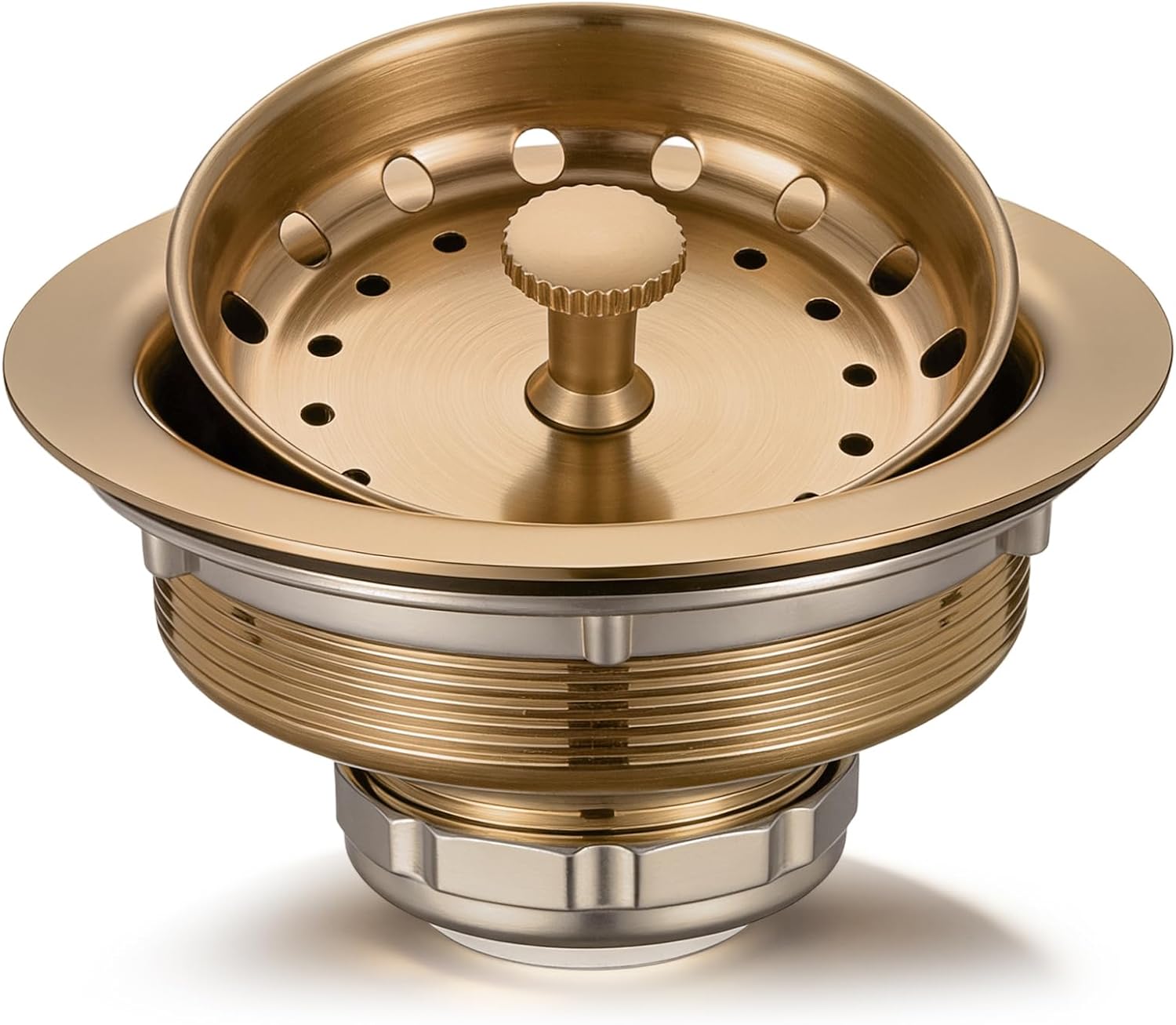LEIFIDE 2 Pcs Champagne Brown Kitchen Sink Drain - Fit 3.5 Inch Standard Sink 304 Stainless Steel Brushed Brass Drain Strainer Basket with Knob Rubber Stopper Bottom