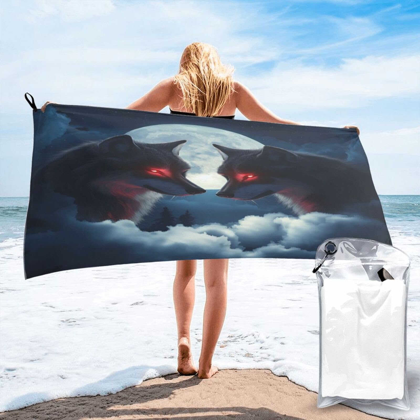 Anceky Dual Wolf Heads, Red Eyes, Moonlit Night Sky Quick Dry Microfiber Travel Towel with Carry Case and Carabiner 27.5"X55"