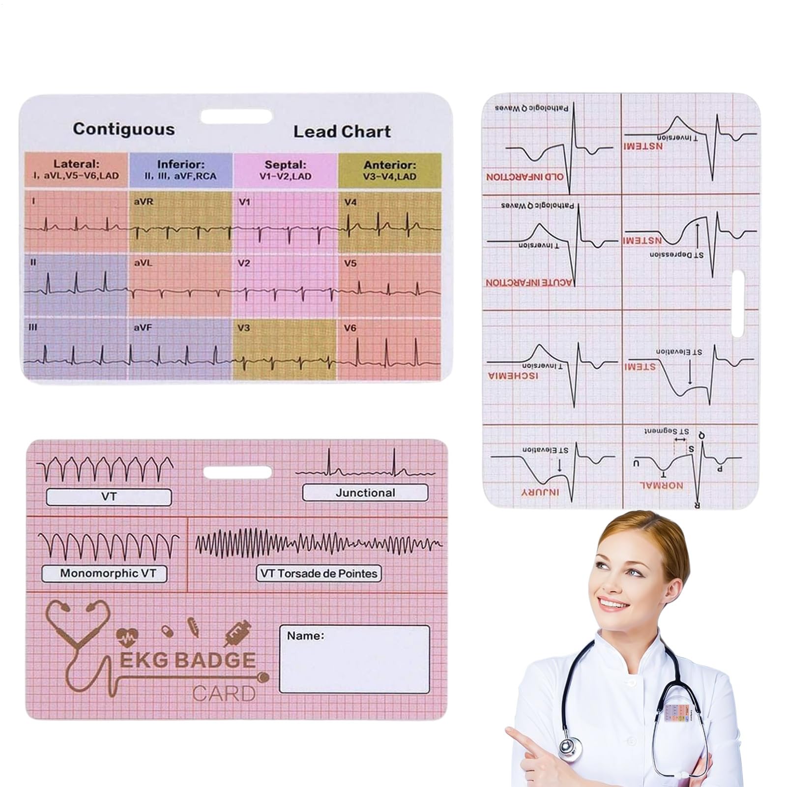 Riferimento badge ECG - Flashcard infermieristica, tre pezzi ECG, guida al ritmo cardiaco, tabella di informazioni rapide cliniche, strumento di valore del laboratorio medico | Scheda di