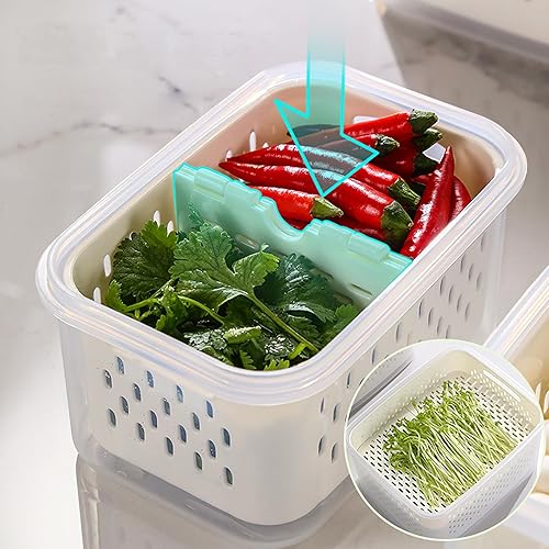 Miniatura 5 de Recipientes de almacenamiento de frutas frescas mejoradas, recipientes grandes de frutas para refrigerador con tapa de ventilación y colador,