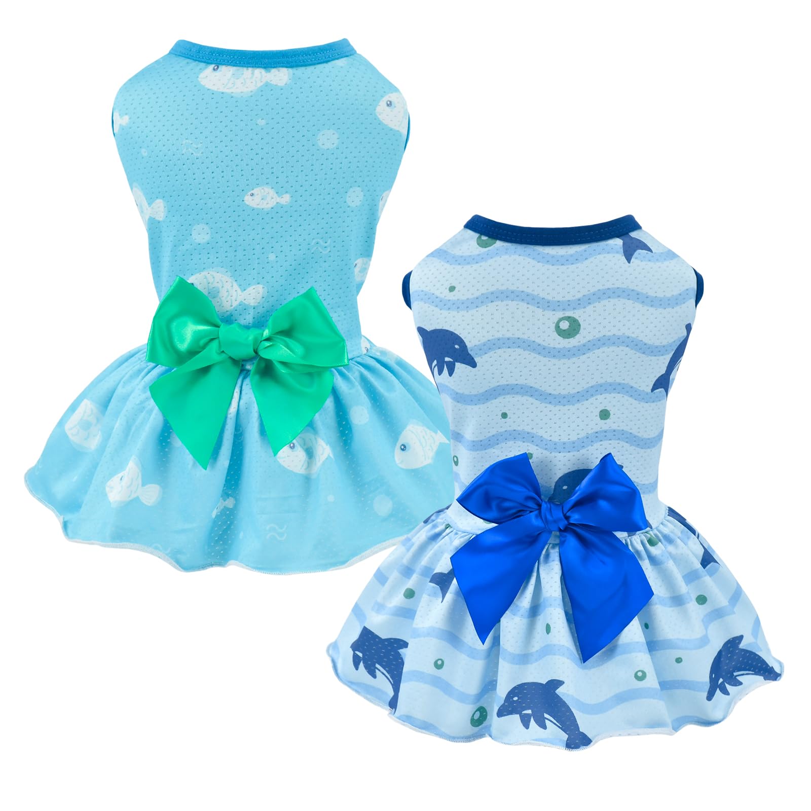 Vehomy 2-Pack Dog Summer Dress Breathable Puppy Cat Dresses with Bowknot Pet Summer Cool Outfits Skirts with Sea Fish Dolphin Patterns for Small Medium Dogs S