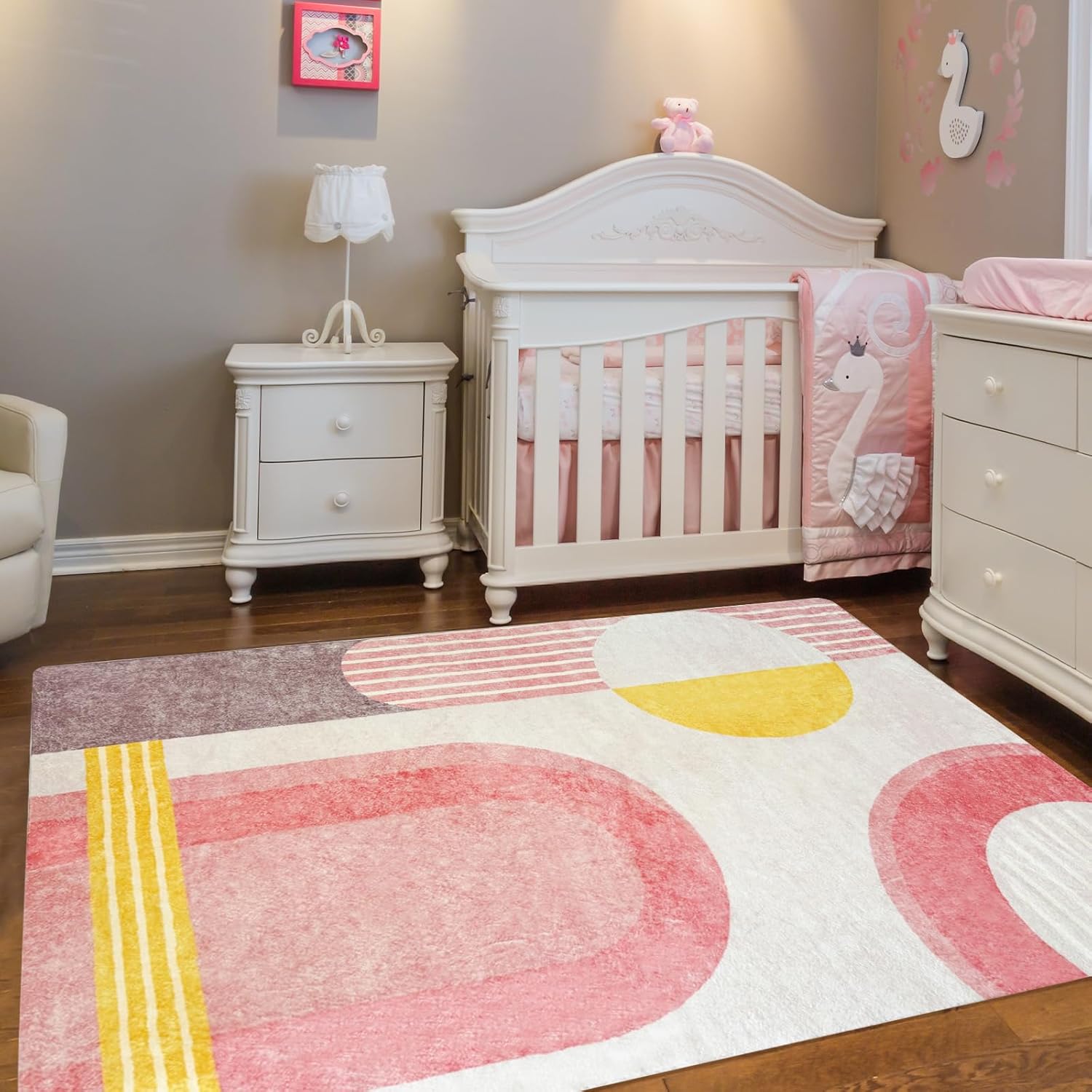 USTIDE Pink Kids Rug 4'x6' Soft Modern Geometric Area Rug Machine Washable Floor Mat for Living Room Bedroom Nursery Play Room Decor