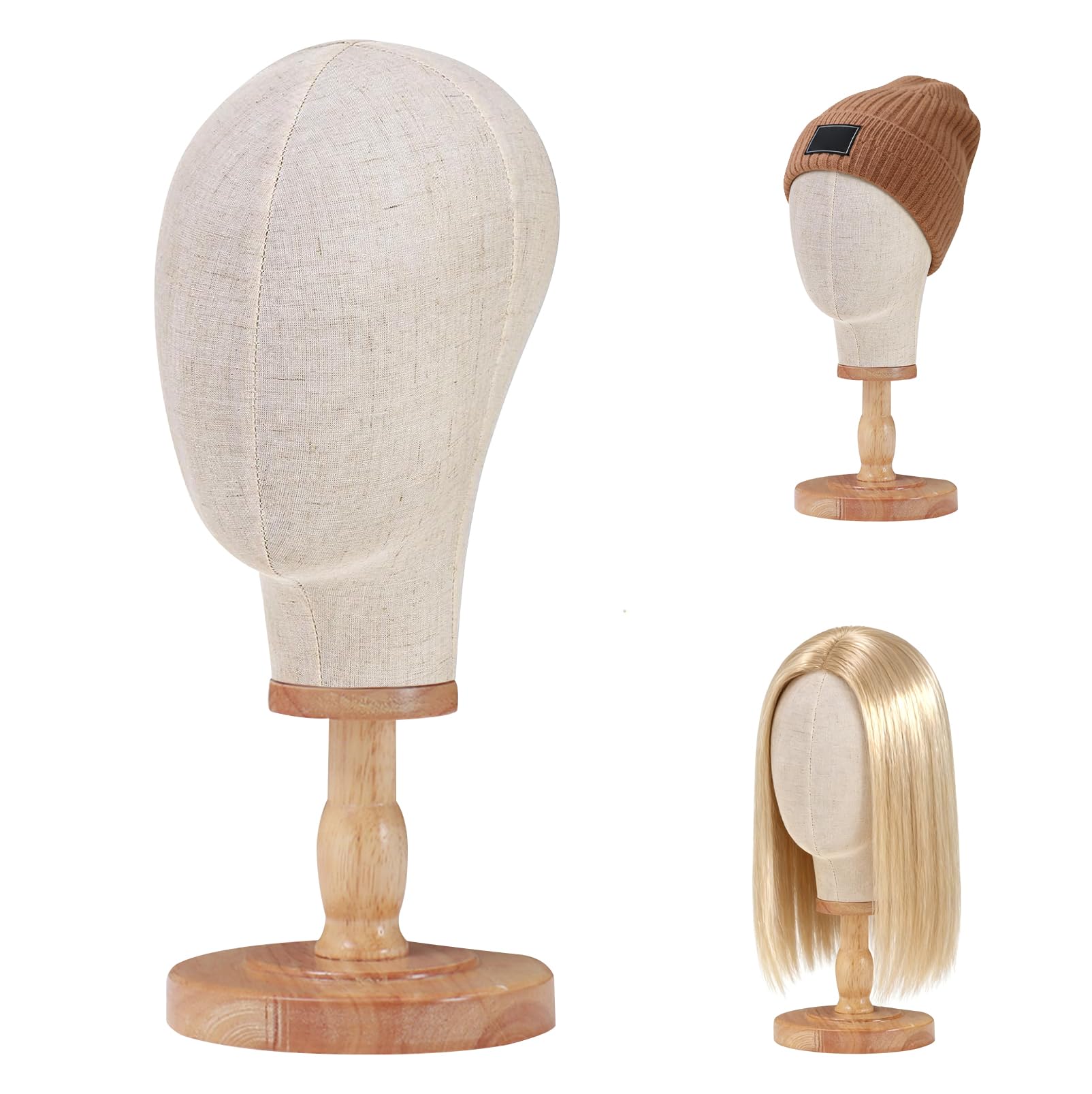 LIROPAU Standfester Perückenkopf 21"/54 cm, Mannequin Kopf aus Canvas mit Holzsockel, stabiler Perückenständer für Perücken, Hüte, Mützen, Kopfbedeckungen, Wig Stand für Präsentation, Salon, Zuhause