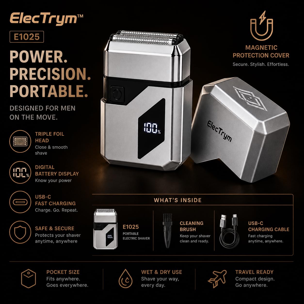 E1025 Triple Foil Head Compact Wet / Dry rasoio ricaricabile per gli uomini | Rasoio elettrico senza fili con display a batteria a LED, ricarica USB-C, 3 testine galleggianti per una rasatura ravvicinata