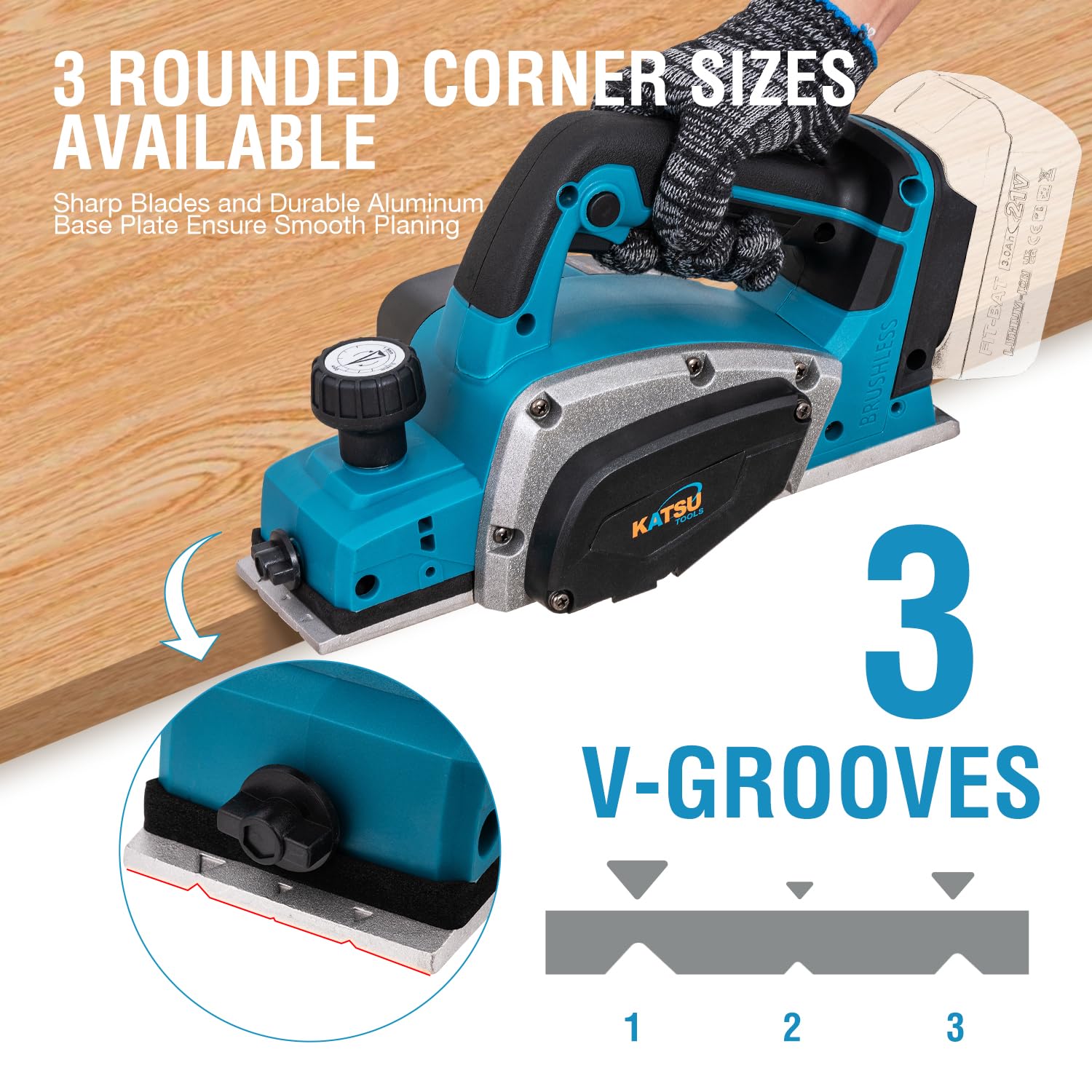 KATSU FIT-BAT Pialla Cordless 21V Brushless 82mm, Prof. 2mm, Base in Alluminio con 3 Scanalature a V, Lame Extra, Senza Batteria e Caricatore