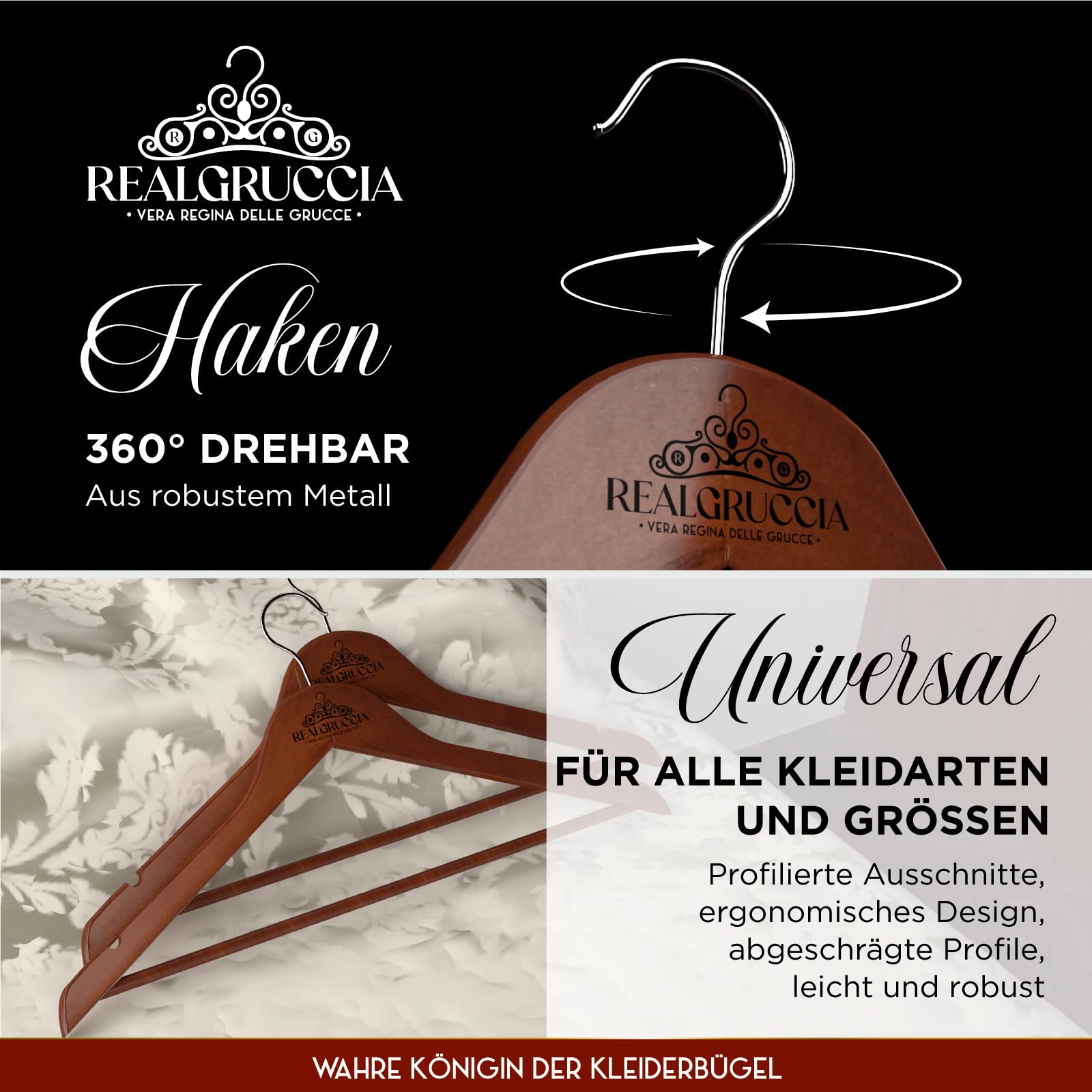 40 Kleiderbügel aus Holz Kleiderbügel mit Anti-Rutsch-Einkerbungen Holzbügel RealGruccia Farbe Dunkelbraun von Hosen Anzügen Hemden - Drehbaren Hakens und Abgeschrägte Profile - 22x45cm