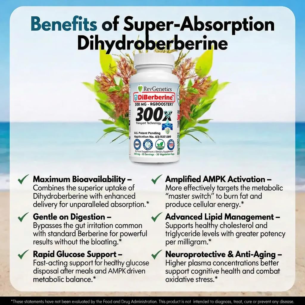 REVGENETICS DiBerberine™ Proprietary Blend 500mg Supplement Enteric Coated | DHB Berberine Weight Support | AMPK Activation | 30 Capsules | DiBerberine 300x