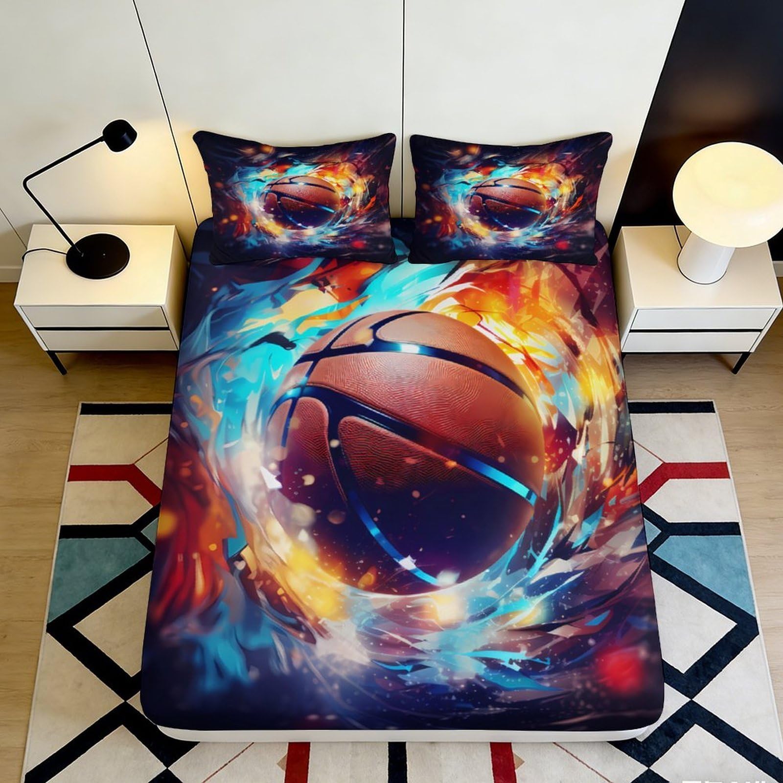 Pnayamiorkfel Style-1 3D Printed Basketball Fire Splash Fitted Sheet Microfiber Vibrant Bed Cover For Bedroom Dorm Mattress Protection 90X200x25cm