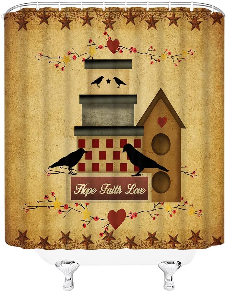 Primitive Rustic Shower Curtain Vintage Farmhouse Crow Birdhouse Hope Faith Love Rusty Star Country Barn Door Twigs Pip Berry Farm Retro Bathroom Home Decor with Hooks,Tan