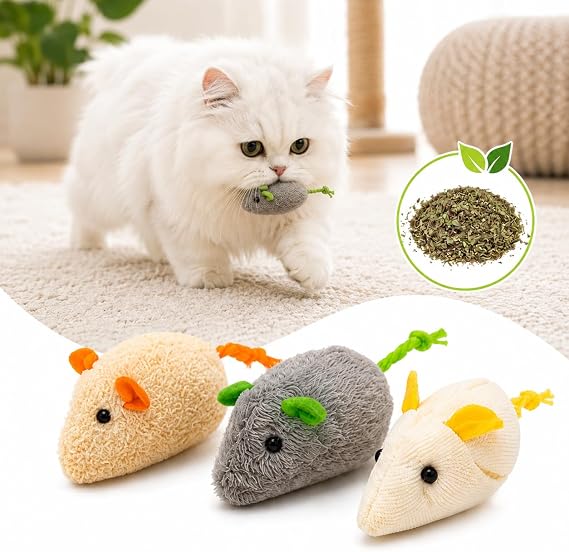 3’lü Catnipli Bez Fare Kedi Oyuncağı – Kedi Nanesi Dolgulu Kaliteli Peluş Fare Seti, Yumuşak Kovalama ve Avlanma Oyuncağı, Yavru ve Yetişkin Kediler İçin
