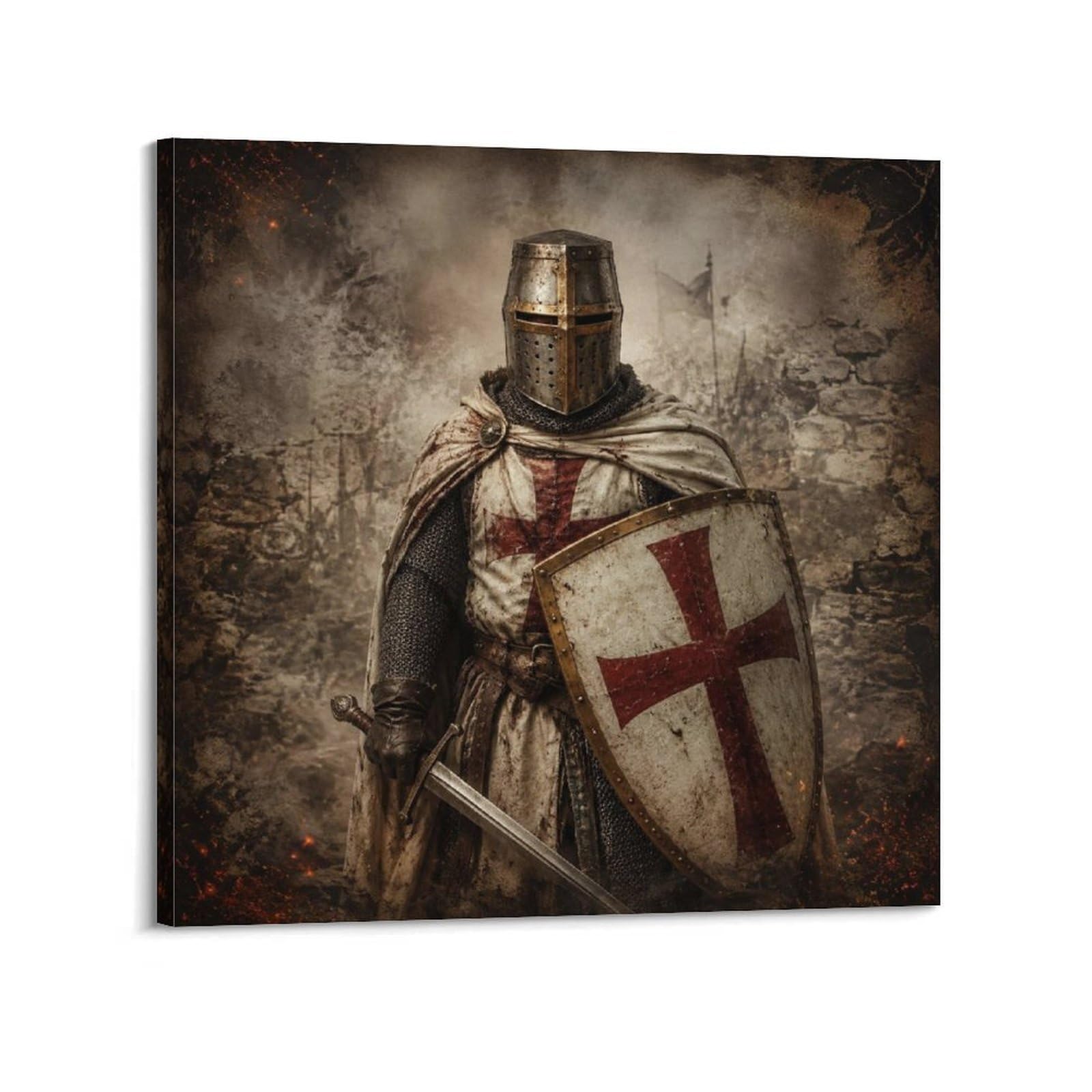XKUGA Templar Knight Vintage Red Cross Poster Shield Haze Armor Modern Decorative Canvas Prints - Ideal Wall Art for Family, Man Cave, Game Room, Boys & Girls Bedroom 20x20inch(50x50cm)