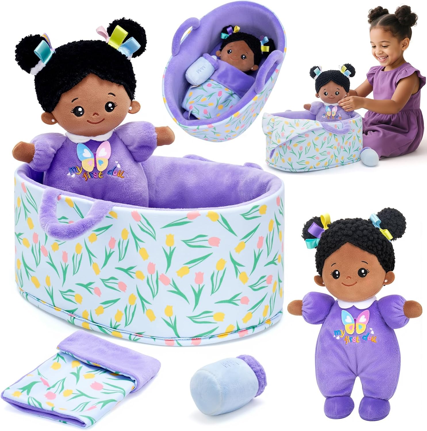 OUOZZZ 10" Baby Doll Accessories, African American Doll Pretend Playset for Social Emotional Learning, Perfect Birthday Toy & Gift for 2 Year Old Girls