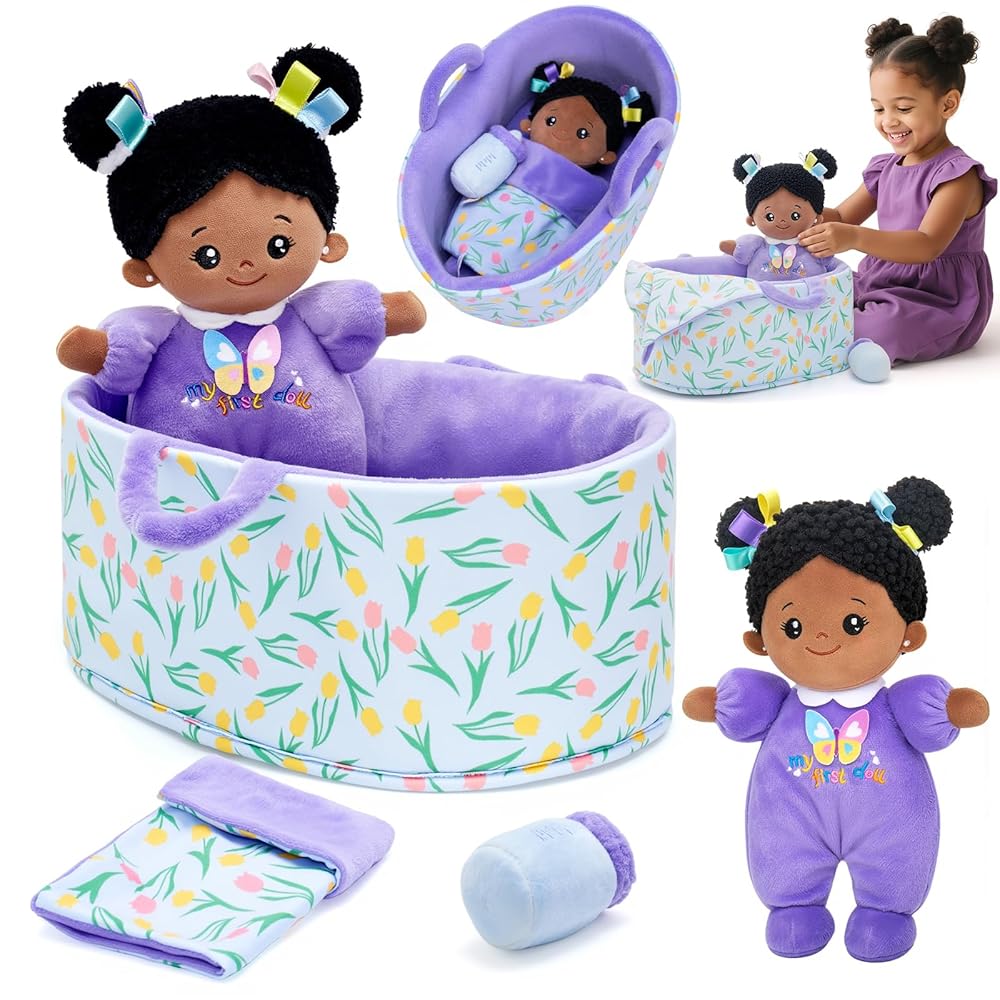 OUOZZZ 10 Soft Baby Doll Set, African American Baby Doll Accessories Pretend Playset Doll for 2 Year Olds Girls Christmas Birthday Gift