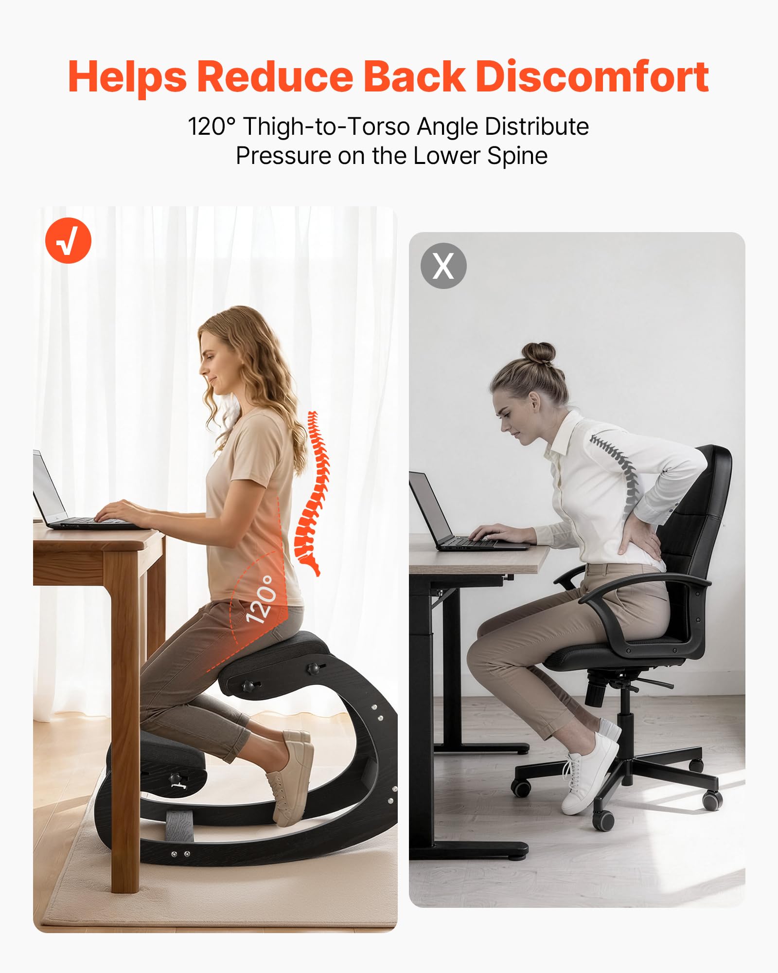 VEVOR Chaise à Genoux Ergonomique, Siège Assis Genoux Coussins en Mousse Épaisse, Réglables à 3 Niveaux, pour Maison Bureau Méditation, Cadre en Bois Massif, Soulage Tensions du Cou et du Dos, Noire