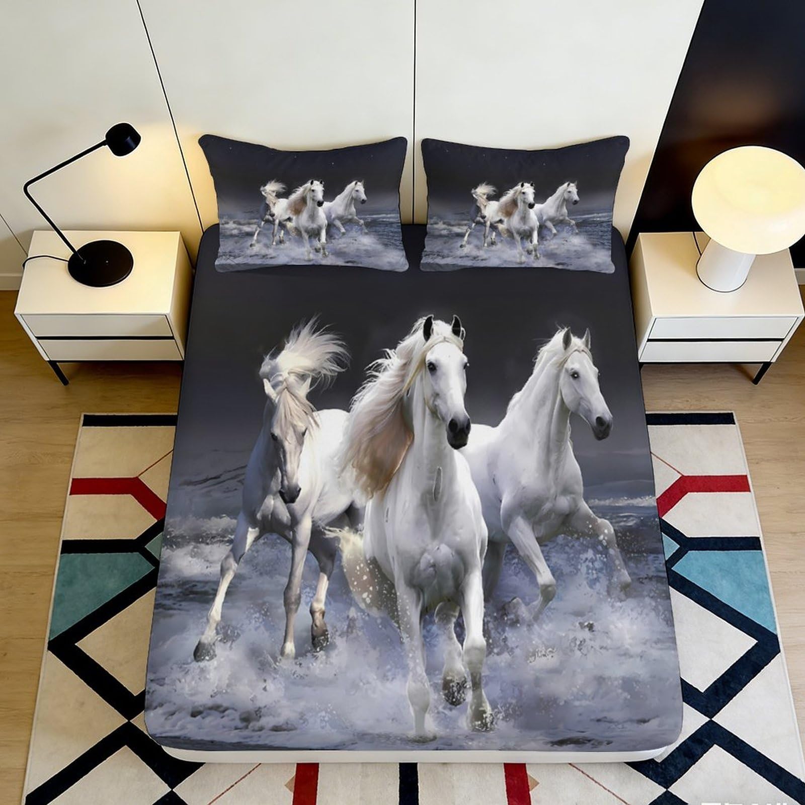 3D Printed White Horse Fitted Sheet Microfiber Soft Artistic Wild Horses Bed Cover for Bedroom Guest Room Decor 90x200x25cm