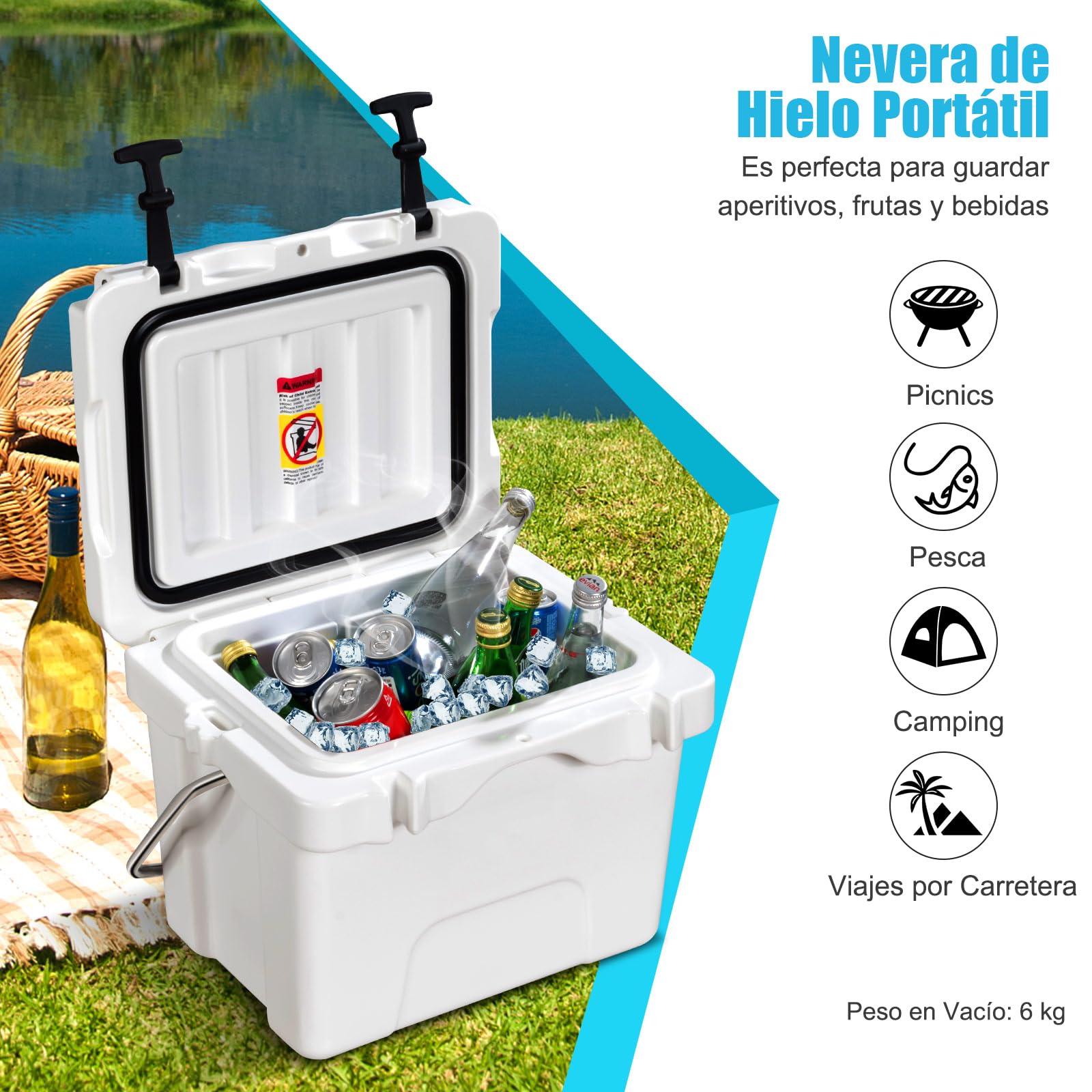 COSTWAY Nevera Portátil de 15 L, Nevera Playa Resistente con Mango, Tapón de Drenaje y 2 Portavasos, Retención de Hielo de 3-5 Días para Alimentos y Bebidas, Ideal para Acampar, Pescar