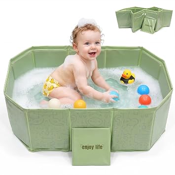 Foldable Baby Bathtub, Side-Drain, Portable, Ages 0-5, Green