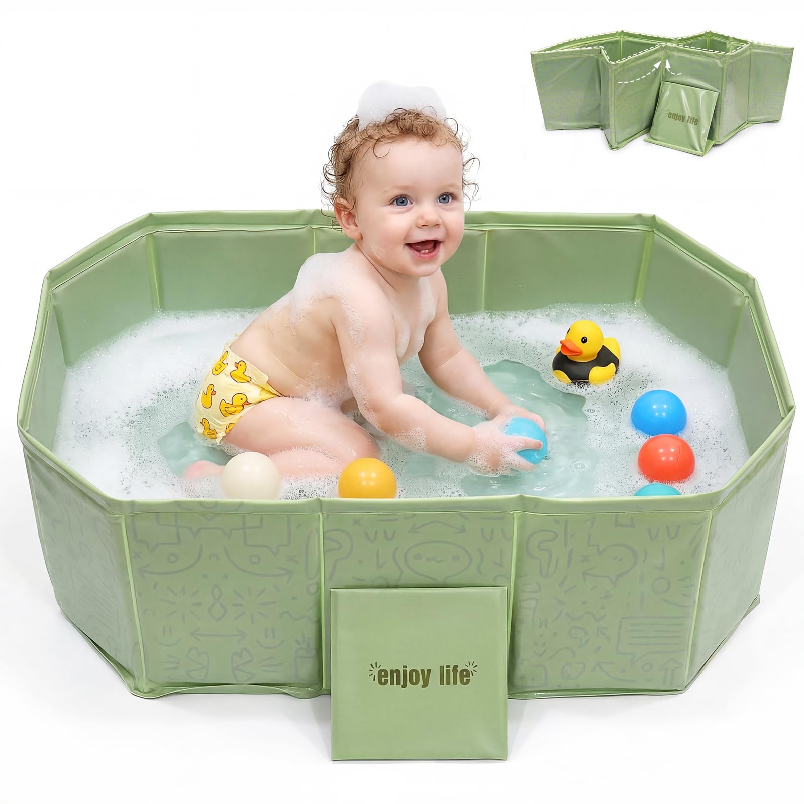 Vasca da bagno pieghevole per neonati e bambini, con tappo di scarico, 75 × 45 cm, design antiscivolo, in plastica senza BPA, colore: verde menta