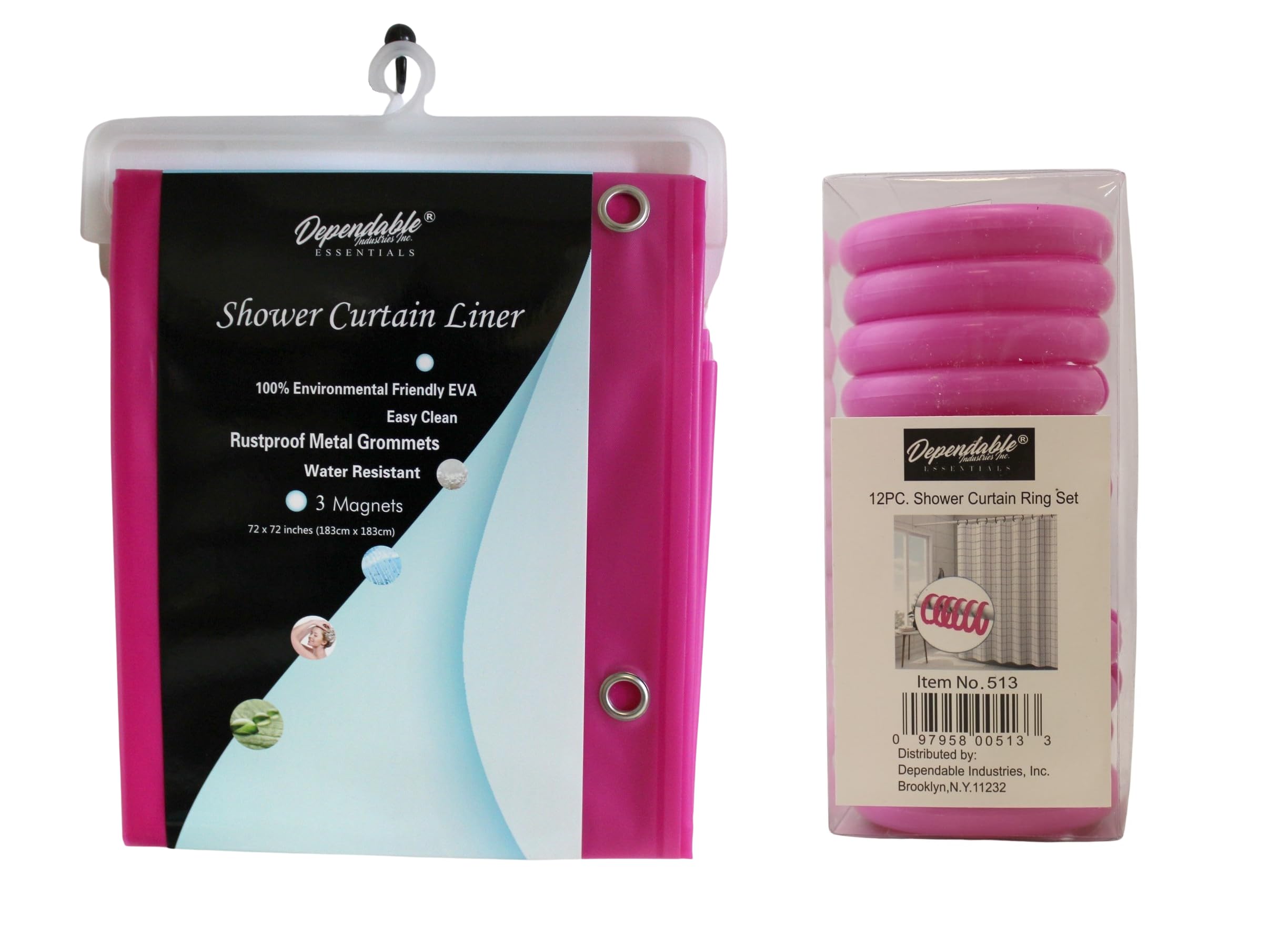 Hot Pink Shower Curtain Liner with Matching 12 Piece Plastic Locking Round Hooks - Waterproof, Easy Gliding Curtain Rings - Fits All Standard Size Shower Rods - 72