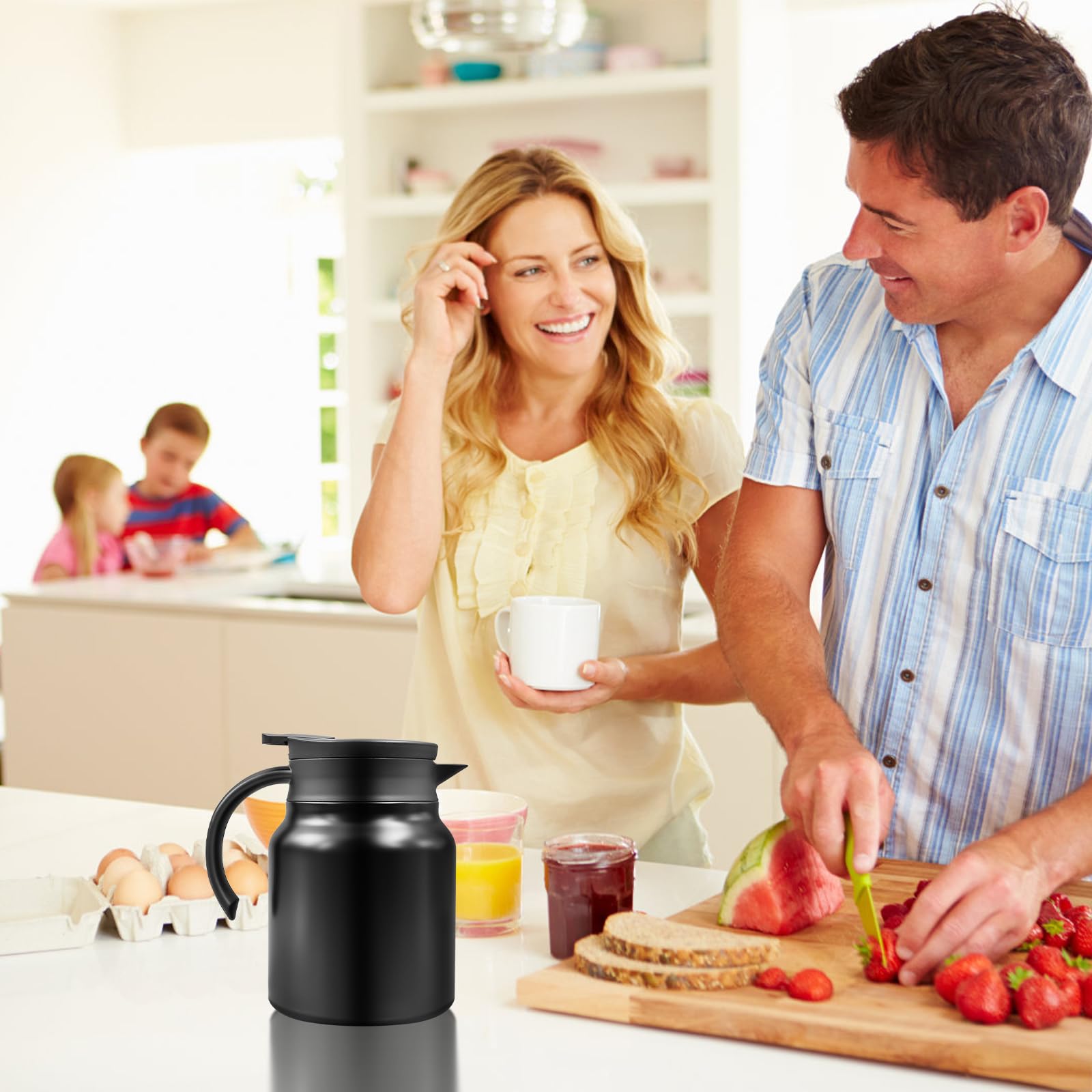 Juego de 2 jarras isotérmicas de café de 1 litros – Cafeteras de acero inoxidable de doble pared con filtro extraíble – Teteras de aislamiento al vacío – negro mate