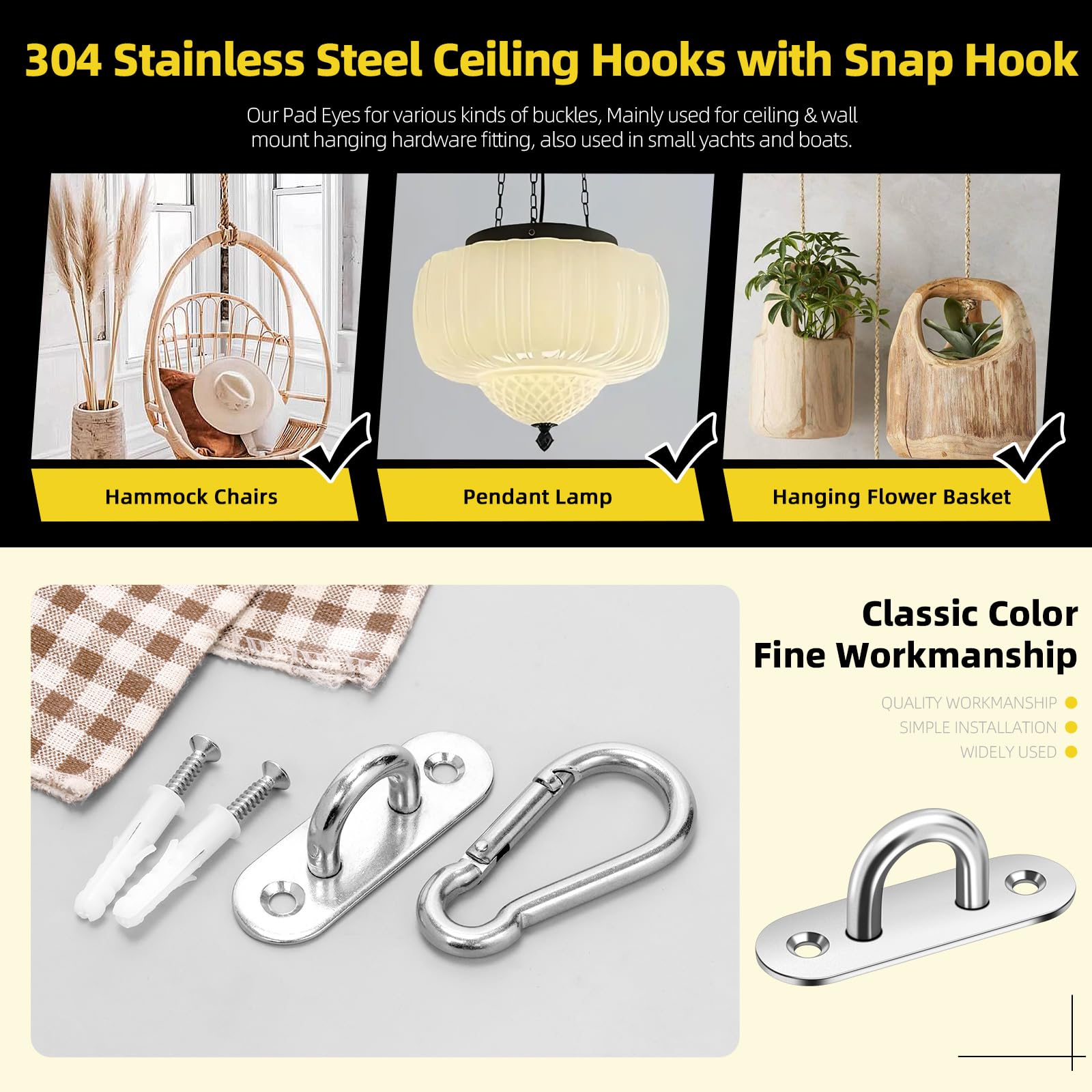 Mardatt 8Pcs M8 304 Stainless Steel Pad Eye Plate U Hooks with Snap Hook Assortment Kit - Image 3