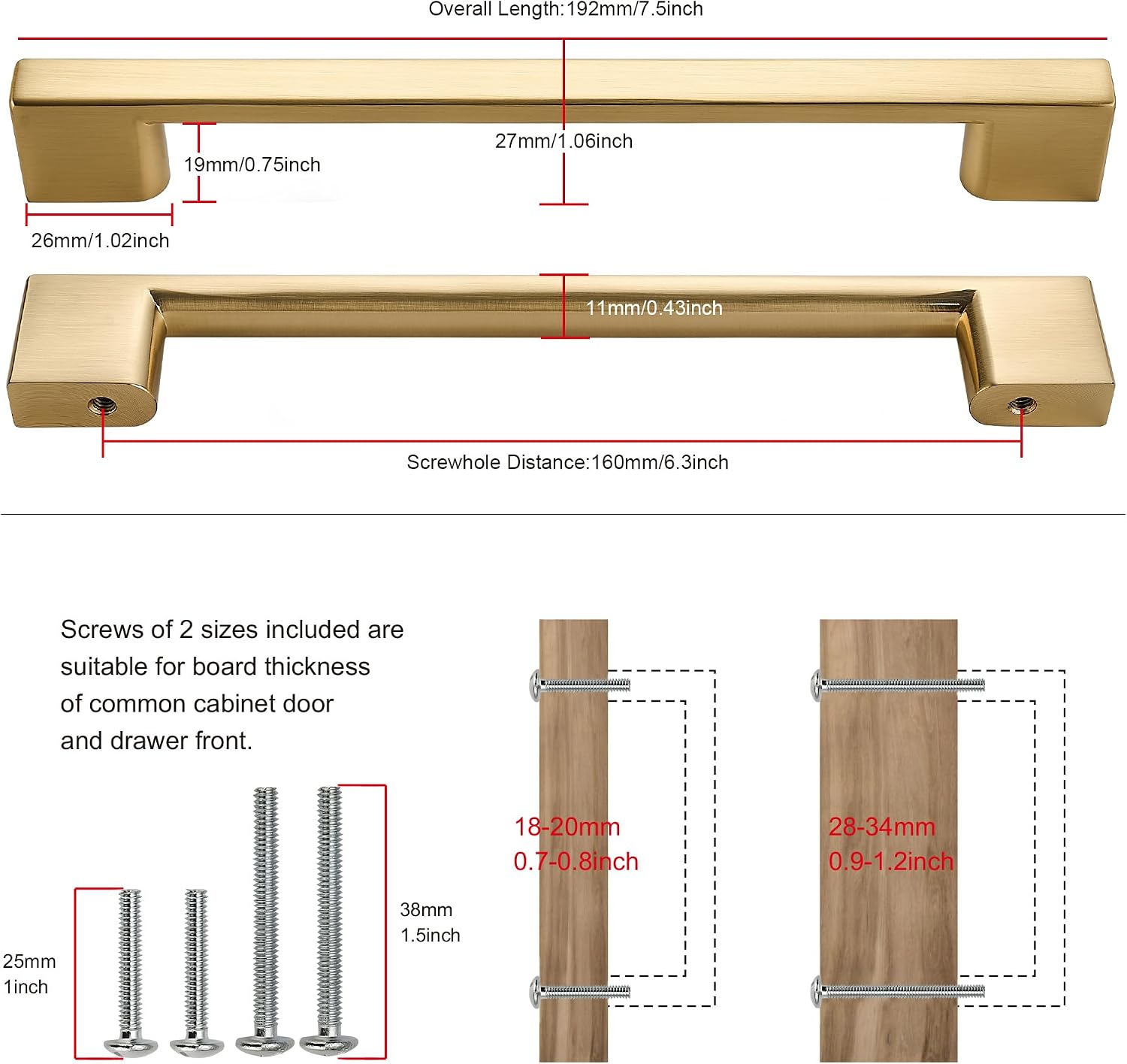 SAILING 10 Pack Cabinet Handles-6.3"/160mm Screw Spacing Bright Brushed Gold Furniture Hardware Handles for Kitchen Cabinets Bedroom Cabinet Pull