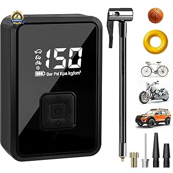 UN1QUE Digital Tyre Inflator for car, 150PSI Electric Car Air Pump, 12V DC Portable LCD Display Air Compressor, Fast Inflation Speed air inflator for car(Black-Orange) - image, photos