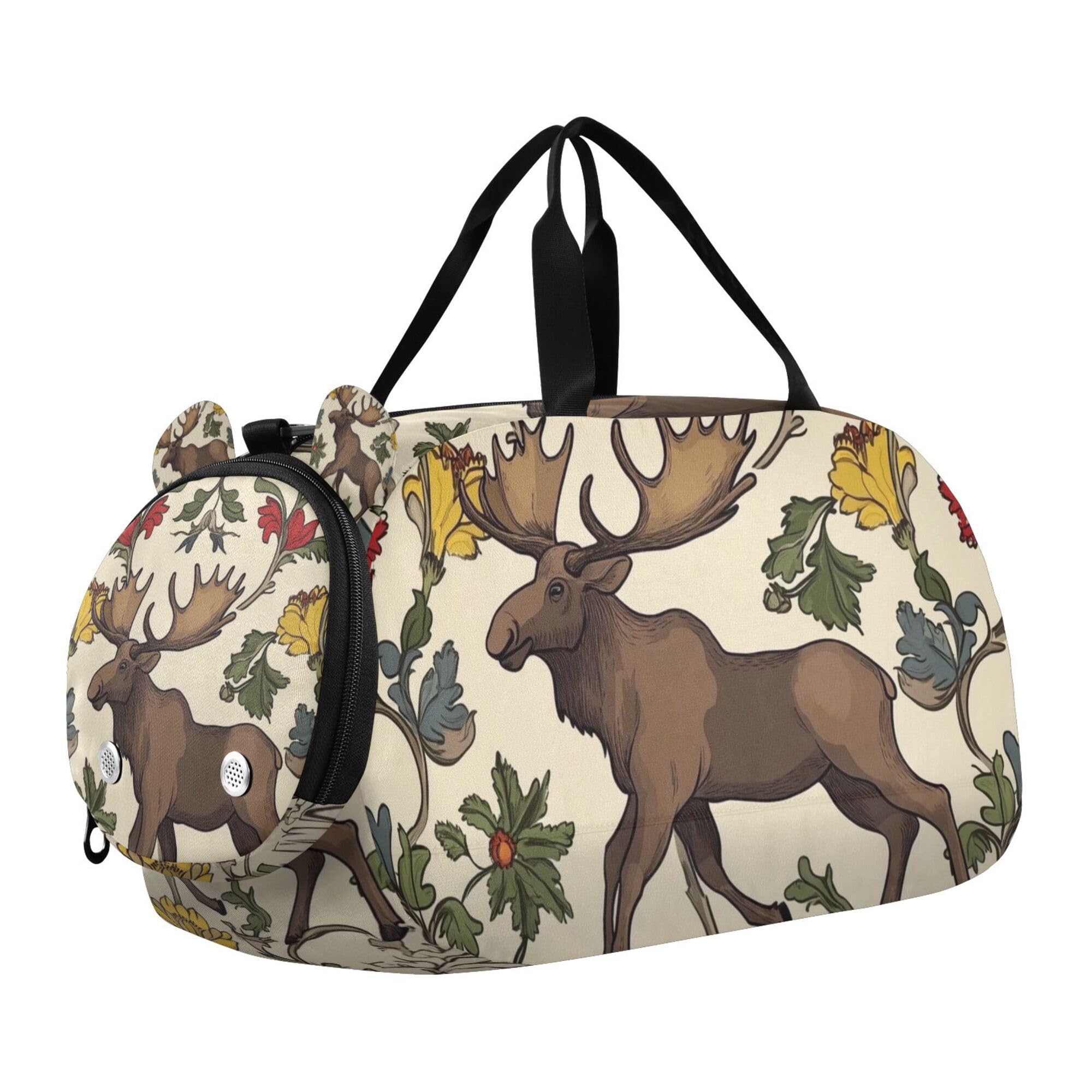 Glaphy Moose Animal and Floral Retro Duffle Bag for Toddler Boys Girls, Gym Sports Bag with Shoe Compartments, Kids Travel Overnight Weekender Shoulder Bag