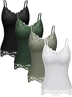 Fourluoo Women's Long Lace Camisole Tank Tops - 4 Pack V-Neck Patchwork Tops, Breathable Nylon Lace for Layering
