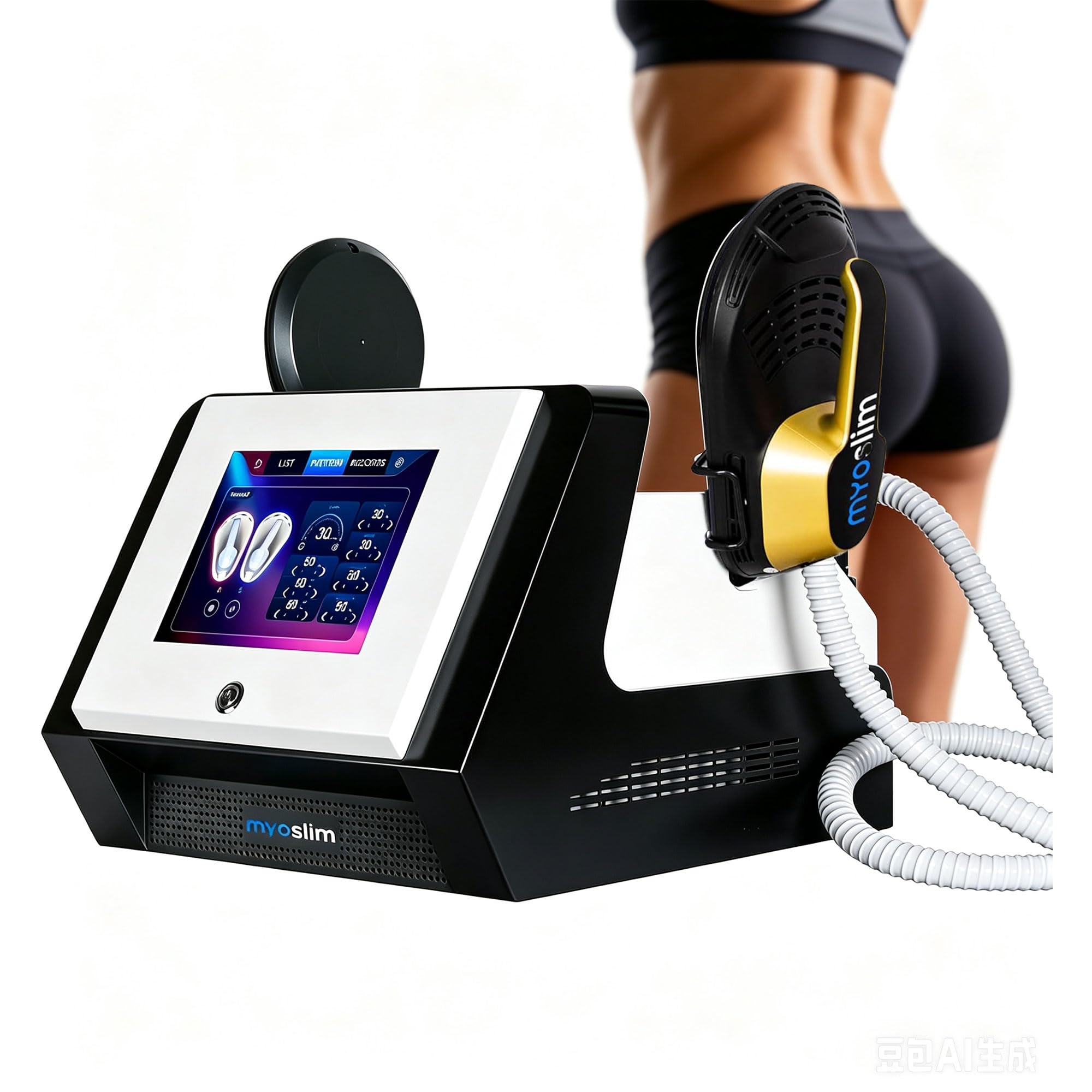 MYOslim EMS Körperformer Touchscreen, EMT+EMS Technologie, Fettreduzierung & Muskelstraffung, 2 Griffe, Grau,für Bauch, Hüften, Beine & Gesäß