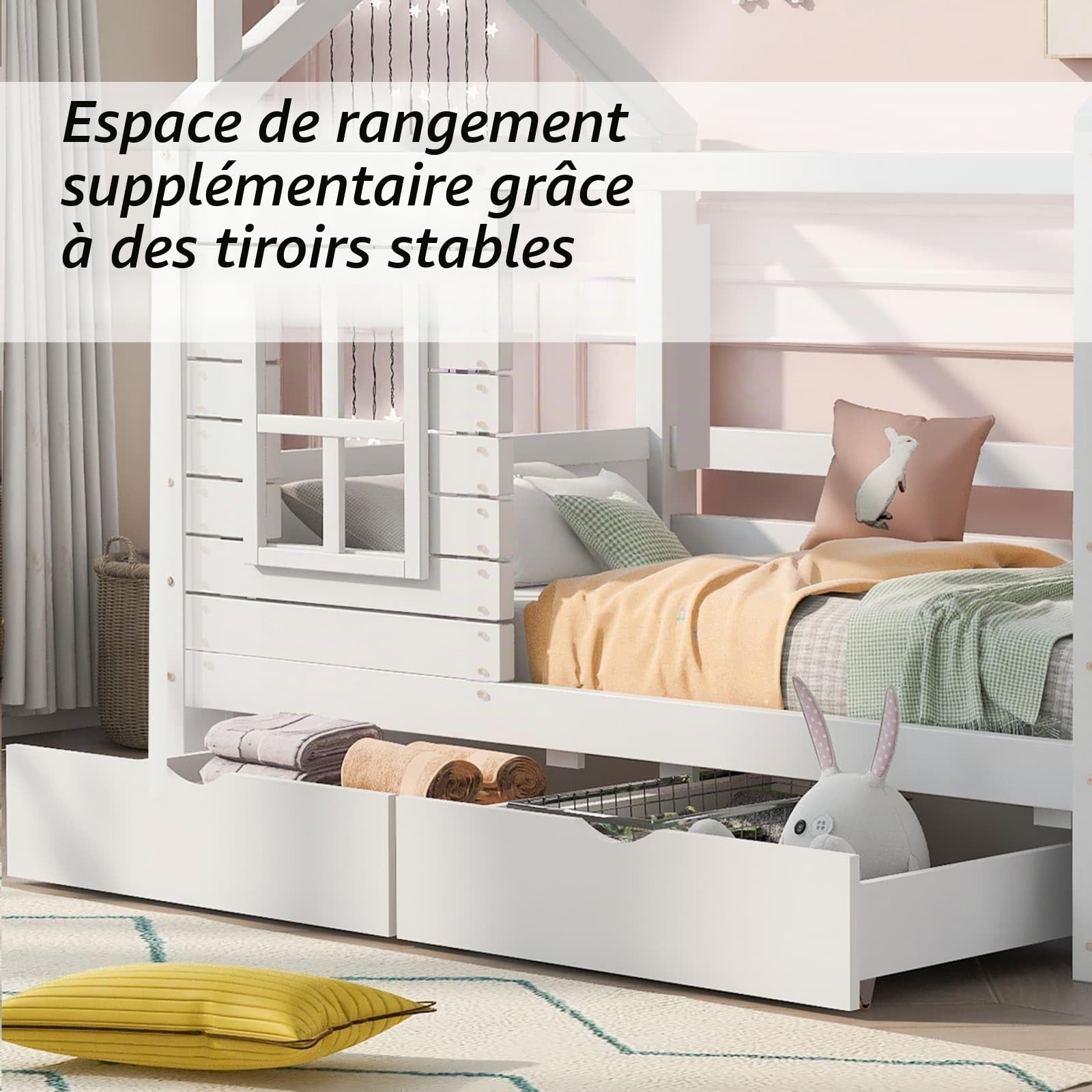 KOMHTOM Lit Cabane en Bois lit d'enfant avec 2 Tiroirs de Rangement Cadre de Lit Support à Lattes pour Filles et Garçons, Blanc(sans Matelas) (90x200cm)