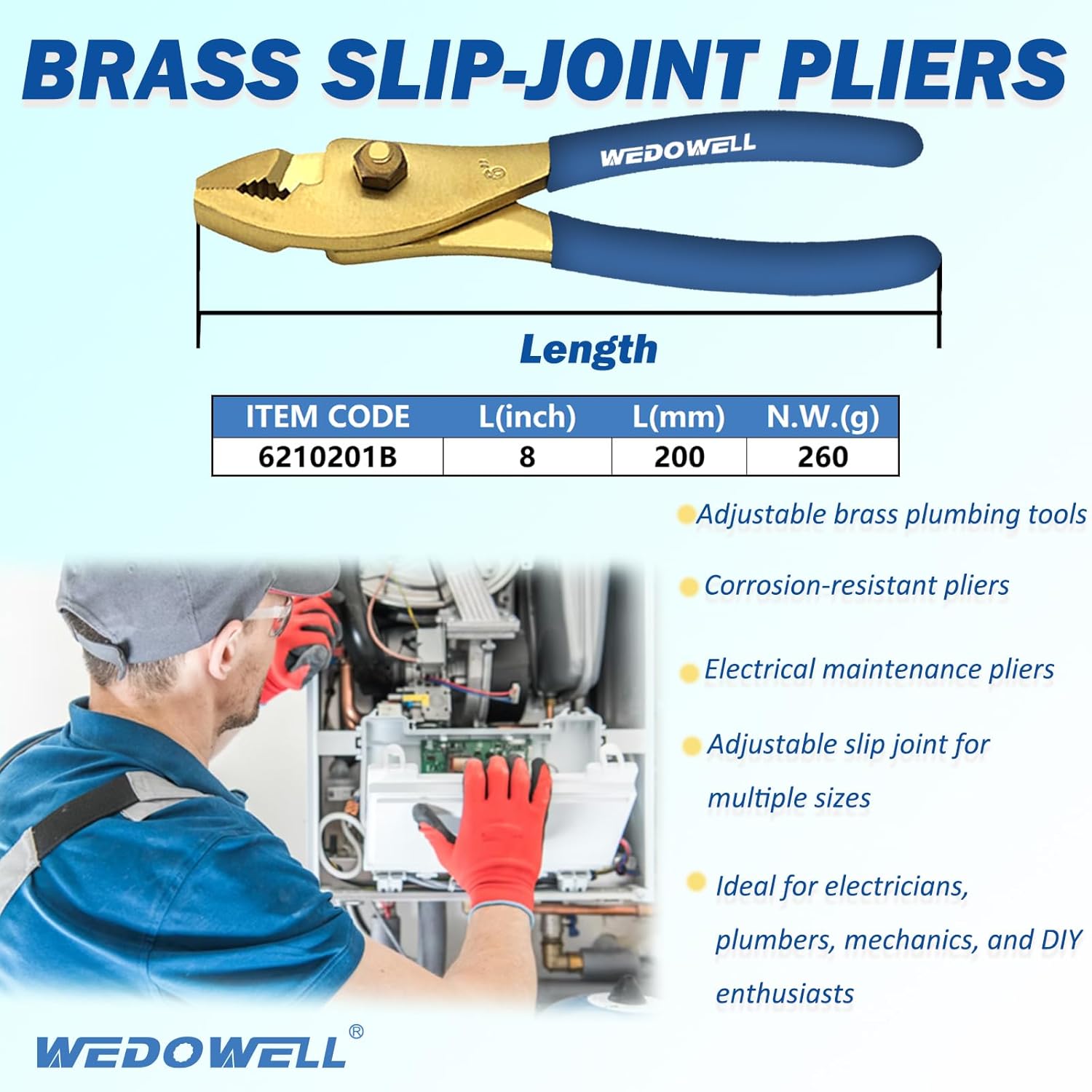 WEDOWELL 8" Brass Slip Joint Pliers,Wire Cutter with Rubber Grip Handle,Combination Pliers,Corrosion-resistance