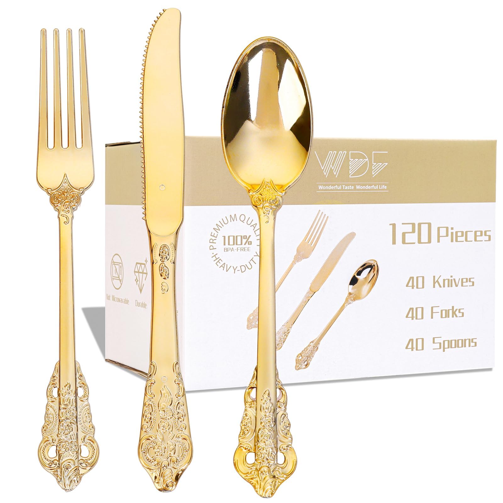 WDF 120PCS Gold Plastic Silverware - Heavy Duty Gold Plastic Cutlery Set Disposable Utensils - 40 Forks, 40 Spoons, 40 Knives, Perfect for Party