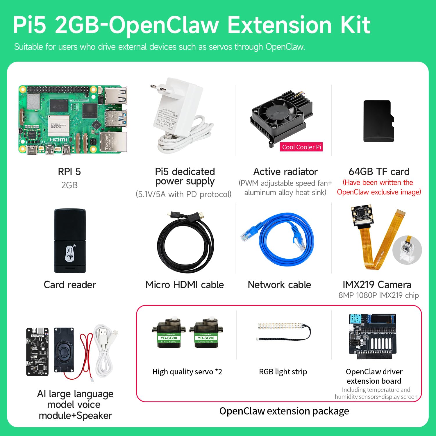 Yahboom for Raspberry Pi 5 2GB Kit with AI Voice Module, 27W 5.1V5A | USB-C Power Supply,IMX219 Camera,Active Cooler,OpenClaw Extension Package（2GB-OpenClaw Ext Kit）