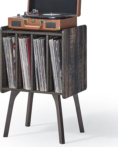 LELELINKY - Soporte para tocadiscos, mesa de almacenamiento para discos de vinilo con patas de madera, almacena hasta 100 álbumes, moderna mesa para
