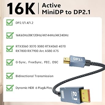Mini DisplayPort to DisplayPort 2.1 Cable 80Gbps, 16K@60Hz, 8K@120Hz, 4K@240Hz HDR VRR DSC G-Sync Bidirectional DP to Mini DP for Graphics Cards Laptop Gaming Monitor, Nylon Braided (2M/6.6 FT)
