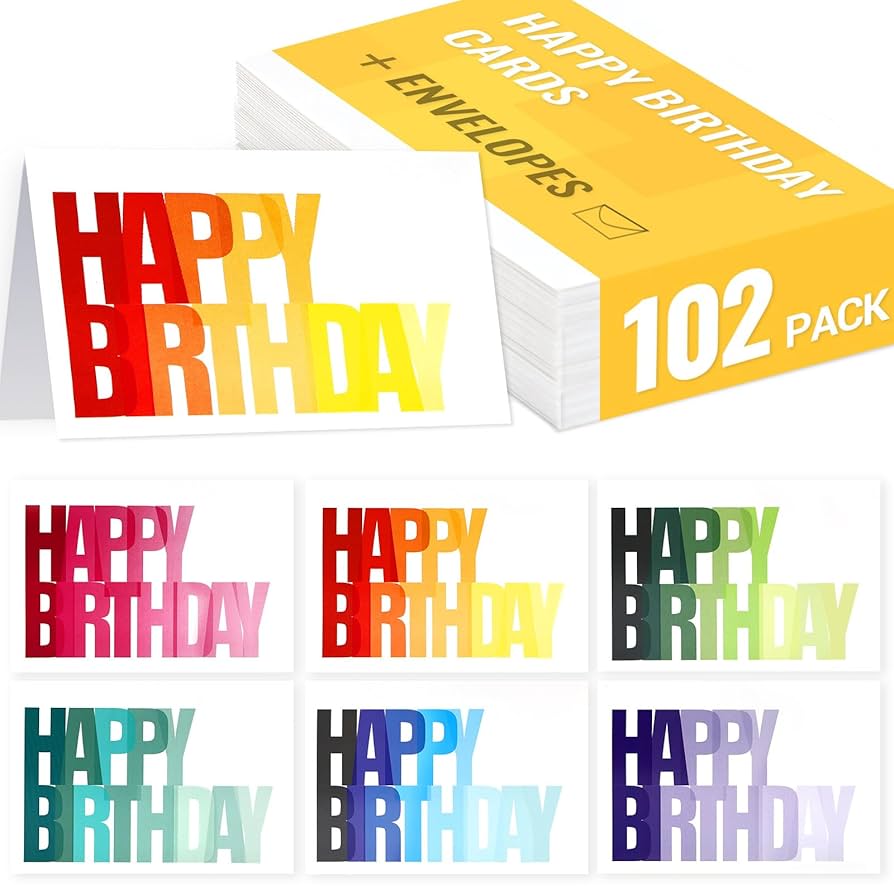 Amazon.com : XXINMOH 102 Pack Happy Birthday Cards Bulk Box Set with Envelopes 4 x 6 inch, Blank Inside, 6 Designs for Students, Work, Office, Colorful Ombre Font (Plus 102 Pack Envelopes) : Office Products for Free Printable Birthday Card Envelopes