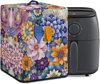 Insulated Air Fryer Appliance Cover Dust Cover with Storage Pocket for Spoon/Cooking Utensils/Recipes, Easy to Clean Machine Washable, Boho Flower Purple Yellow