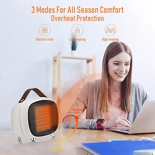 Miniatura 5 de Calentador de espacio eléctrico pequeño de 800 W400 W, calentador de cerámica PTC pequeño con protección contra sobrecalentamiento y vuelco, 3 modos