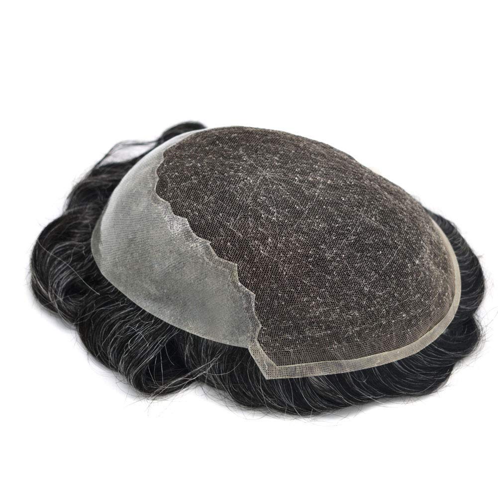 LYRICAL HAIR Mens Toupee Bleached Knots Human Hair System for Men Soft French Lace Front Natural Hairline Breathable Replacement System #1B30 Off Black with 30% Gray Hair-100% density, 8X10